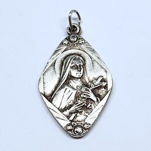 Vintage St Therese The Little Flower Medal Silver Tone  Religious Pendant